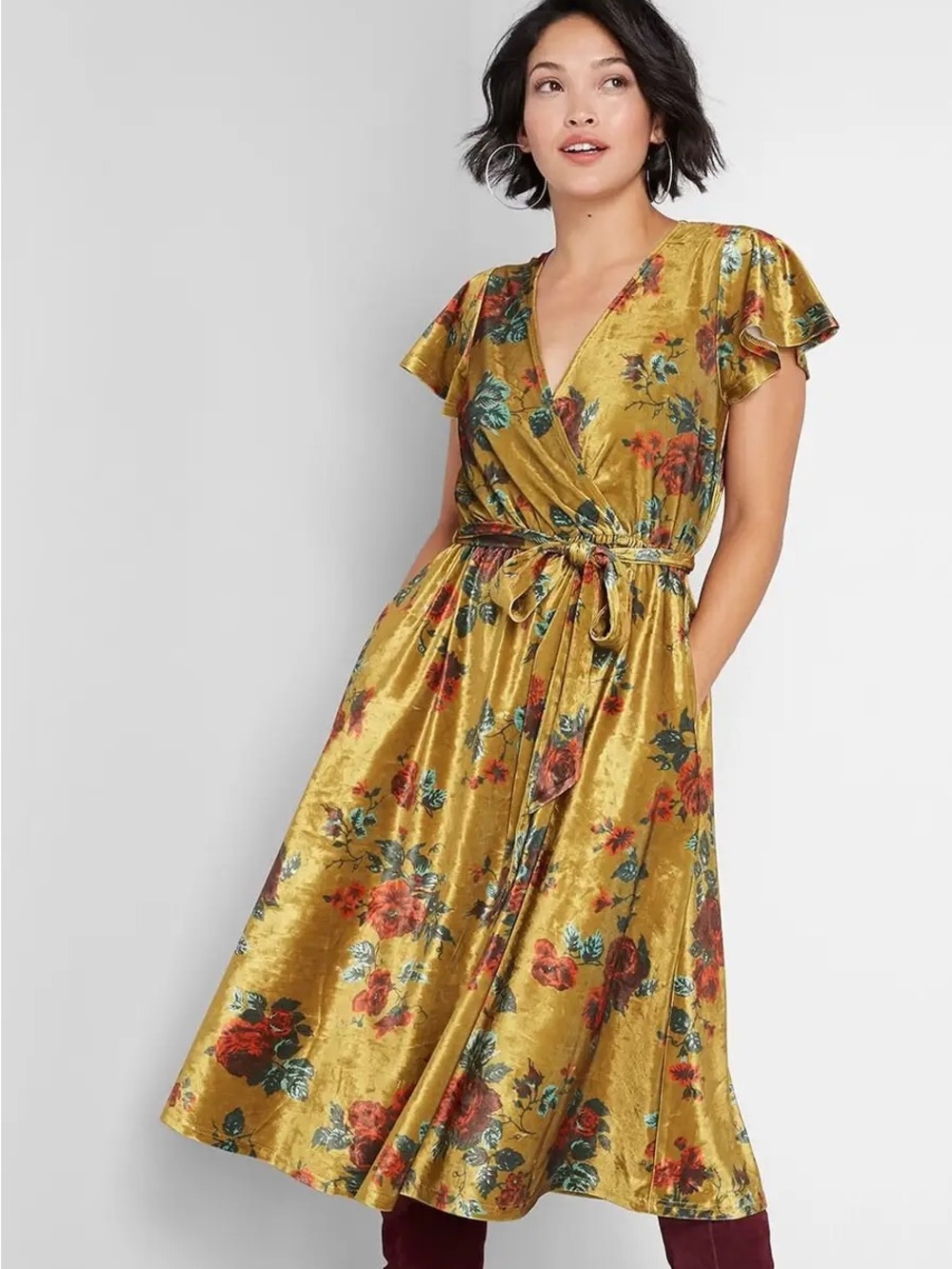 ModCloth Floral Velvet Wrap Midi Dress - Mustard Medium